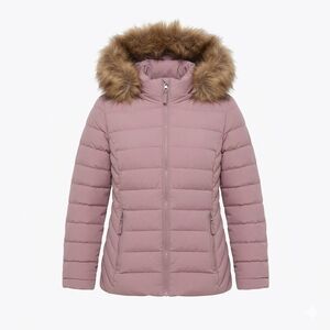 Tommy Hilfiger Mauve Pink Chevron Puffer Jacket with Faux Fur Hood Size L